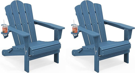 KINGYES Folding Adirondack Chair Set of 2, HDPE All-Weather Patio Chairs with Cup Holder, Wooden Textured Fire Pit Chairs for Poolside, Backyard, Deck, Navy