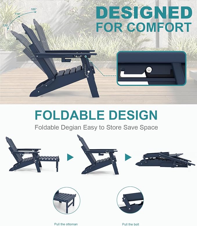 FOOWIN Adjustable Adirondack Chair with Retractable Ottoman Set of 6, Folding Adirondack Chair with Cup Holder, HDPE All-Weather Fire Pit Chair for Patio, Yard, Poolside, Navy Blue