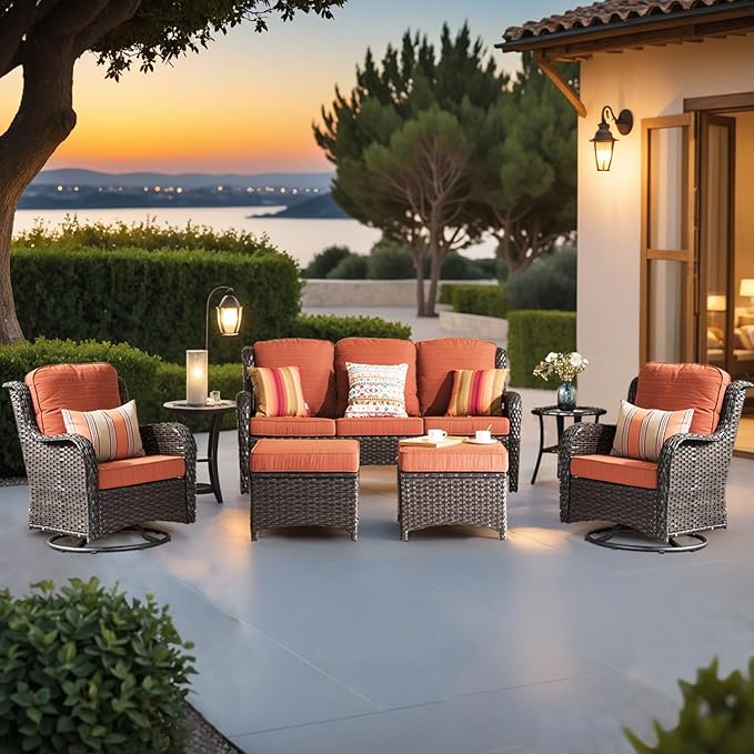 ovios 6-Pieces Patio Furniture Set with Swivel Chairs, Outdoor Wicker Sofa Couch Gliders Rocker Comfy Cushions, High Back Modern Conversation Set, Brown Rattan, Orange Red