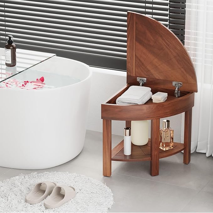 EROMMY 18.3" Flip-Top Corner Shower Stool for Inside Shower, Teak Corner Shower Bench with Storage Cabinet, Shower Foot Rest for Shaving Legs, Small Bench for Bathroom to Sit on Bath Seat