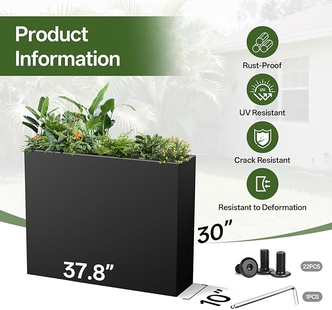Metal Planter Box 38" x 10"x 30",Heavy-duty Galvanized Steel Outdoor Planter with Removable Built-in shelf and Drainage Holes,Rectangular Planter for Porches, Gardens, Patios, and Courtyards，Black