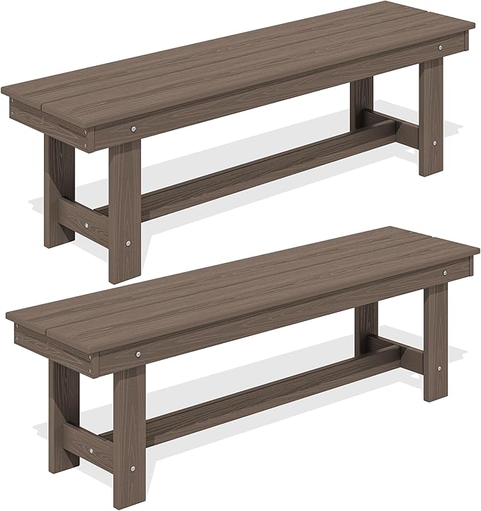 SERWALL 2-Person Outdoor Bench Backless, HDPE Outdoor Benches Weatherproof, 700 Lbs Weight Capacity, Poly Lumber Patio Furniture for Garden, Porch and Park, Coffee, 2 Pack