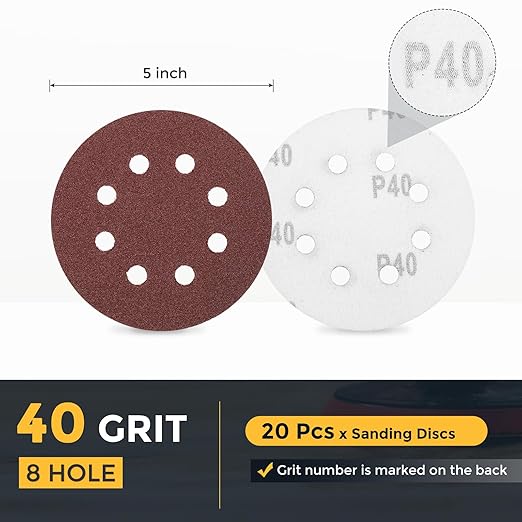HARFINGTON 20 Pcs 5 Inch Sanding Discs, 40 Grit Hook and Loop Sandpaper, 8-Hole Aluminum Oxide Orbital Sander Sandpaper for Woodworking Automotive Metal Polishing, Red