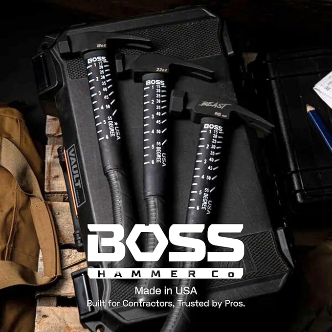 Boss Hammer 18 oz. Premium 4340 American Steel Rip Claw Hammer - Shock-Absorbing Poly-Fiberglass Handle, No-Slip Grip, Cerakote Finish, Milled Face - Made in USA - BH18STPFM