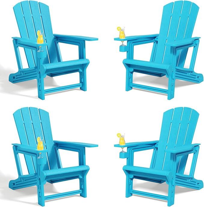 Adirondack Chairs Set of 4,Adirondack Chair with Cup Holders,Wooden Textured Plastic Fire Pit Chair,All-Weather Outdoor Patio Chairs for Lawn,Backyard Deck, Porch,400LBS Heavy-Duty,Sky Blue