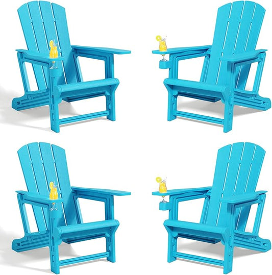 Adirondack Chairs Set of 4,Adirondack Chair with Cup Holders,Wooden Textured Plastic Fire Pit Chair,All-Weather Outdoor Patio Chairs for Lawn,Backyard Deck, Porch,400LBS Heavy-Duty,Sky Blue