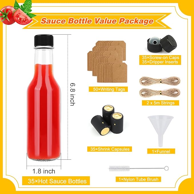 Hot Sauce Bottles 5 oz, 35 Pack Glass Woozy Bottles with Leak Proof Black Caps, Shrink Capsules & Brush, 150ml Empty Bottles for Hot Sauces, Home Bottling, Oils, Vanilla Extract & Gifts