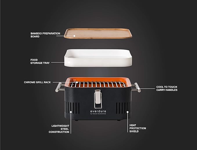 Everdure CUBE Portable Charcoal Grill, Tabletop BBQ, Perfect Tailgate, Beach, Patio, or Camping Grill, Lightweight & Compact Small Grill with Preparation Board & Food Storage Tray, Graphite