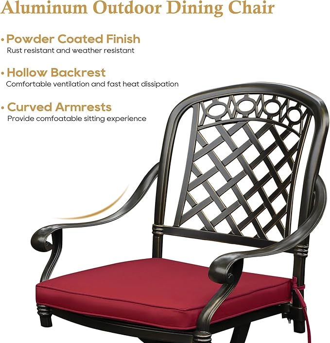 2 Piece Cast Aluminum Outdoor Swivel Dining Chairs, All-Weather Patio Swivel Rocker Chair Sets with Cushion for Garden, Backyard, Poolside, Bistro (Red, 2 Pieces)