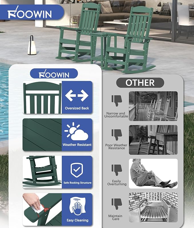 FOOWIN Outdoor Rocking Chair Set of 2, High Back Patio Rocking Chair, HDPE All Weather Resistant Porch Rocker for Adult, Oversized Rocking Chairs for Garden, Lawn, Indoor & Outdoor Use, Dark Green