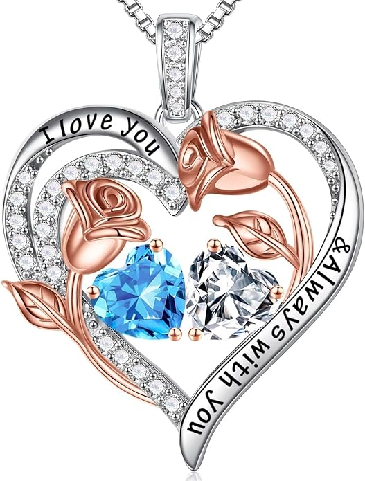 Iefil Christmas Gifts for Women Wife - 925 Sterling Silver Rose Heart Birthstone Necklace Birthday Anniversary Jewelry Gifts for Her Wife Mom Daughter