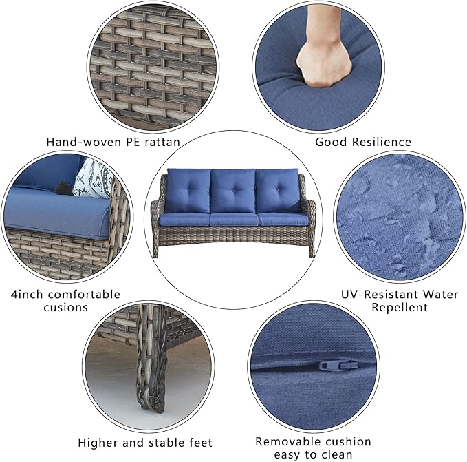 HUMMUH 8pcs Patio Furniture Set Outdoor Swivel Rocker Wicker Patio Chairs,Outdoor Couch with Coffee Table and Ottomans(Grey,Blue)
