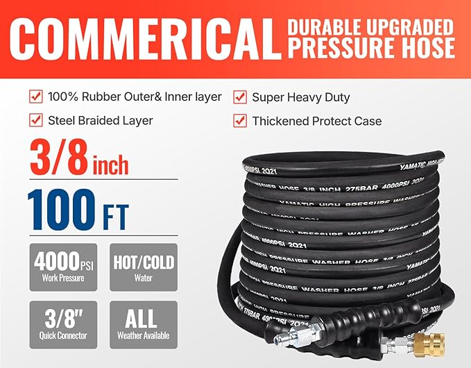 YAMATIC 3/8" Kink Resistant Pressure Washer Hose 100FT, Swivel 3/8" Quick Connector, 4000 PSI High Durability Cold Hot Water Max. 212°F, Fit Most Residential and Commercial Pressure Washer