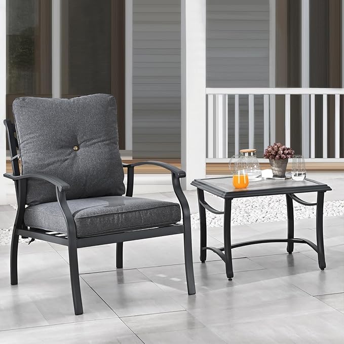 Patio Bistro Set 3 Pieces Metal Outdoor Furniture Sets Metal Patio Chairs with Side Table Dark Grey Thick Cushions Galvanized Steel Frame
