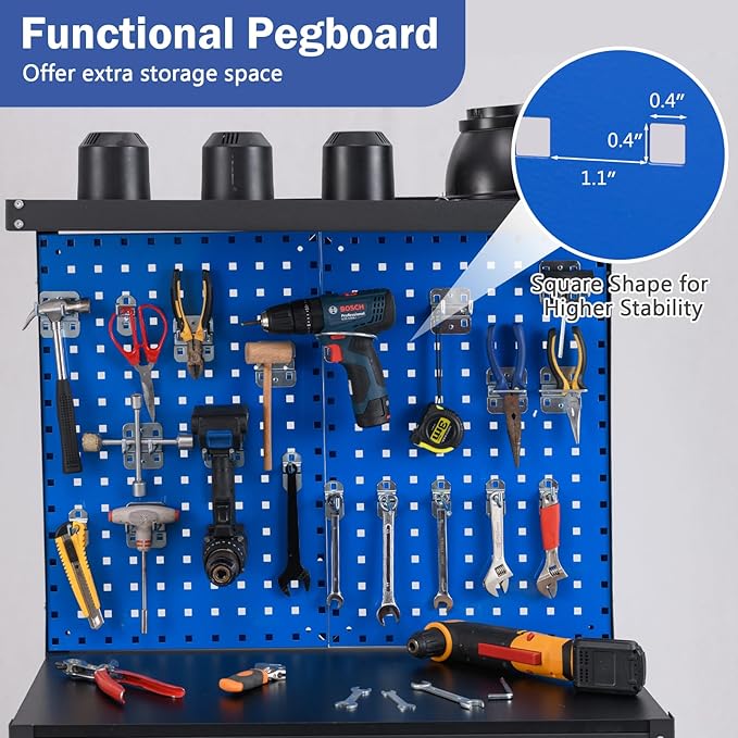 Goplus Workbench with Drawer, 32" x 16" Heavy-Duty Work Table with 2 PCS Pegboard & 4 Shelves, 19 Hanging Hooks, 495LBS Capacity, Metal Tool Storage Work Bench for Garage, Workshop, Home