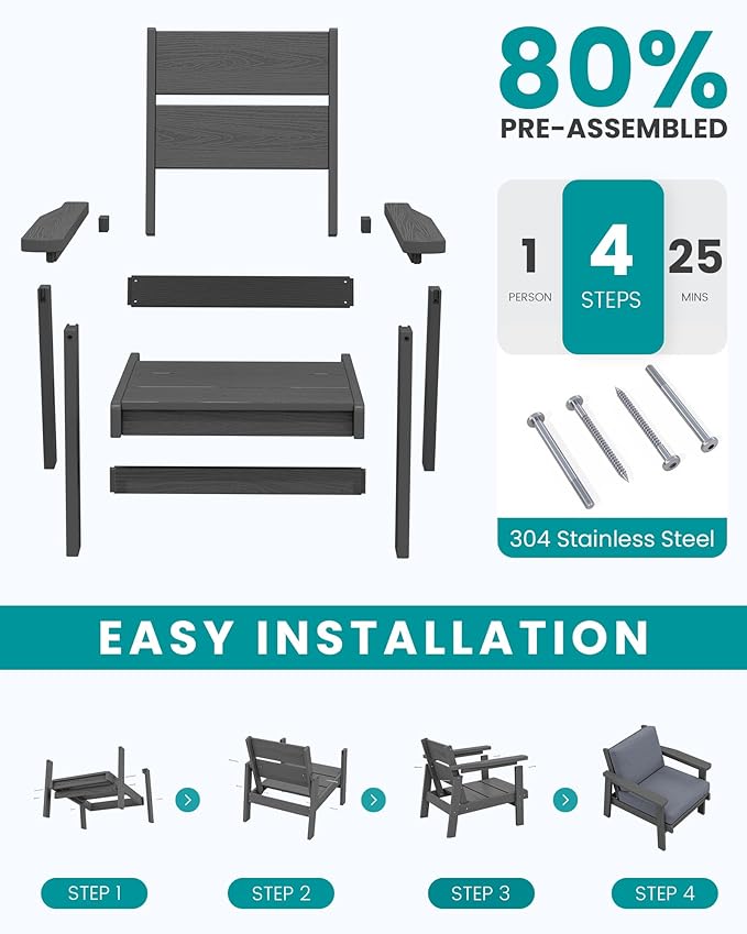 SERWALL HDPE Outdoor Couch, Grey Frame and Grey Cushion
