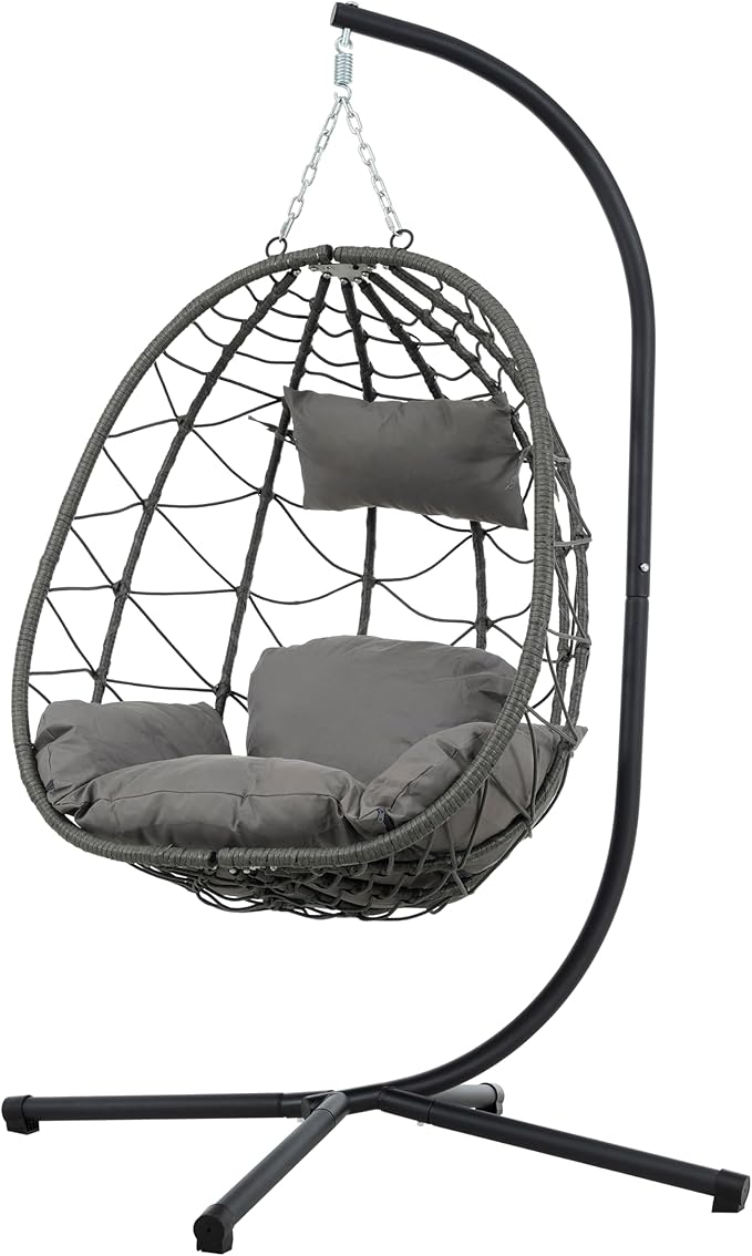 Wicker Hanging Chair with Stand,Indoor/Outdoor Swing Egg Chair with Cushion,Hammock Chair for Bedroom Living Room Patio Balcony Porch Garden,350Lbs Capacity Dark Gray 1 Seat