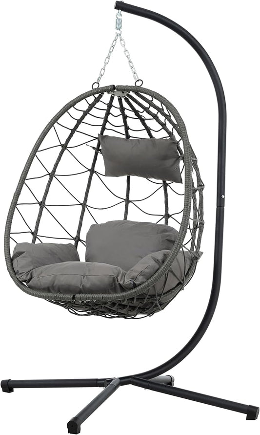 Wicker Hanging Chair with Stand,Indoor/Outdoor Swing Egg Chair with Cushion,Hammock Chair for Bedroom Living Room Patio Balcony Porch Garden,350Lbs Capacity Dark Gray 1 Seat