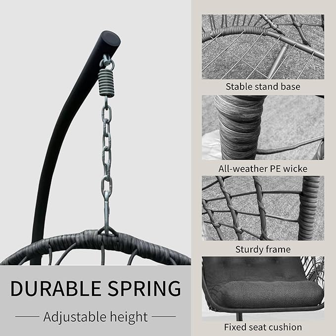 Kingdura Hanging Egg Chair with Stand Indoor Outdoor, Foldable Rattan Wicker Hammock Egg Swing Chair for Bedroom Porch Patio Garden, Thickened Cushion, 350LBS Capacity, Heavy Duty Frame