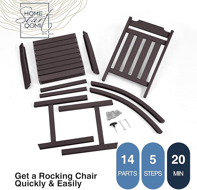 Rocking Chair, All Weather Resistant Poly Lumber Outdoor Porch Rocker, Rocking Chairs for Outdoor, Indoor, Patio, Deck, Garden, Backyard, Load Bearing 380 lbs - Brown