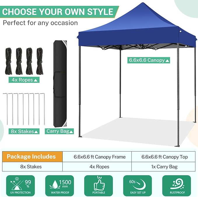 COBIZI 6.6x6.6 Heavy Duty Pop up Canopy Tent Without Sidewalls, Easy Set-up Commercial Outdoor Party Tent, 100% Waterproof Wedding Canopy Gazebo, 3 Height Adjustable with Carry Bag, Dark Blue