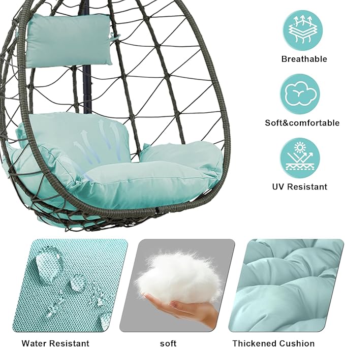 Hanging Egg Chair with Stand Egg Chair Indoor Outdoor, Patio Swing Hammock Egg Chairs, UV Resistant Removable & Washable Thicken Padded Cushions, 350LBS Capacity for Bedroom, Balcony, Garden