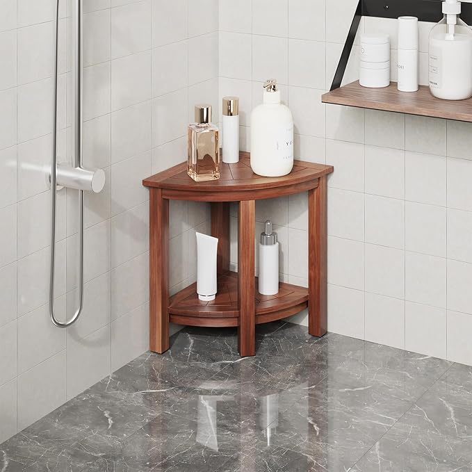 EROMMY 16.8" Teak Shower Bench for Inside Shower, Teak Corner Shower Bench, Waterproof Bath Chair, Shower Stool for Shaving Legs,Space Corner Shower Shelf for Showers & Small Bathrooms