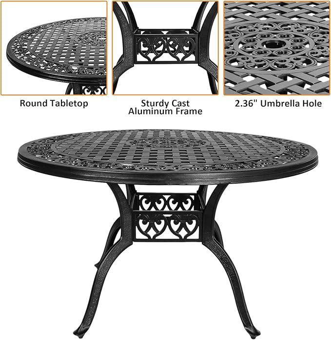 7 Pieces Cast Aluminium Patio Dining Set for 6 Person,Round 48" Patio Table and 6 Chair with 2.3" Umbrella Hole,Outdoor Patio Dining Set for Porch Backyard Deck, Black