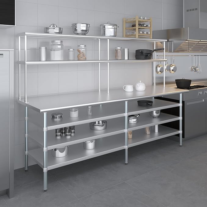 Amgood 30" x 96" Stainless Steel Work Table with 3 Shelves and 12" Wide Double Tier Overshelf | Metal Kitchen Prep Table & Shelving Combo | NSF