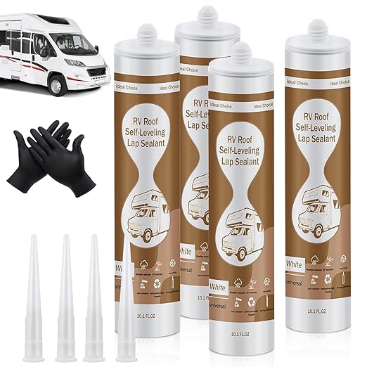 Self Leveling RV Roof Sealant White, 4 Pack Camper Roof Sealant, Lap Sealants for RVs Roofs, Waterproof Flexible RVs Sealants and Caulk for Trailer, Maintenance, Repair