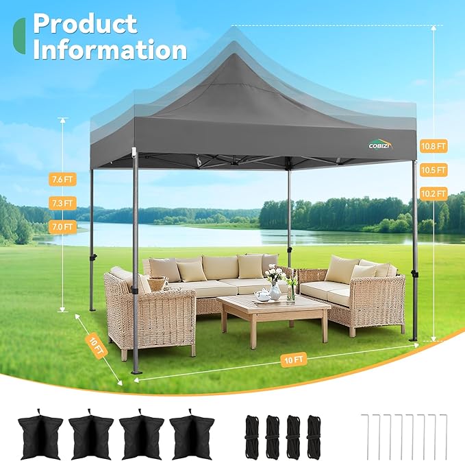 COBIZI 10x10 Heavy Duty Pop up Canopy Tent with 4 Sidewalls, Easy Set-up Commercial Outdoor Party Tent, 100% Waterproof Wedding Canopy Gazebo, 3 Height Adjustable with Wheeled Bag, Gray
