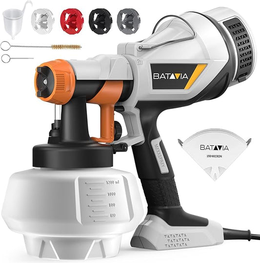 Paint Sprayer - BATAVIA HVLP Electric Spray Paint Gun, 1200ml High Capacity Container Easy to Clean, 4 Nozzles and 3 Patterns, for Furniture, Cabinets, Fence, Walls, Door, Garden Chairs etc