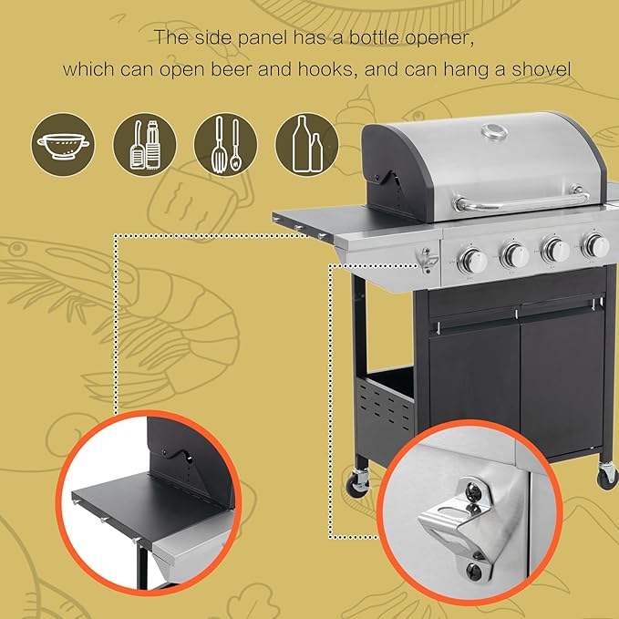 Propane Grill 4 Burner Barbecue Grill Stainless Steel Gas Grill with Side Burner, 46,500 BTU Outdoor Cooking, Patio, Garden Barbecue Grill, Black and Silver