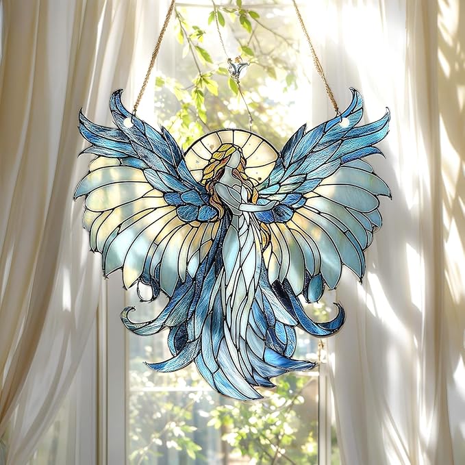 Guardian Angel Christmas Ornament Spiritual Religious Suncatcher Window Hanging Acrylic Stained Glass Effect Art Garden Decor Unique Gift for Mom Grandma Women