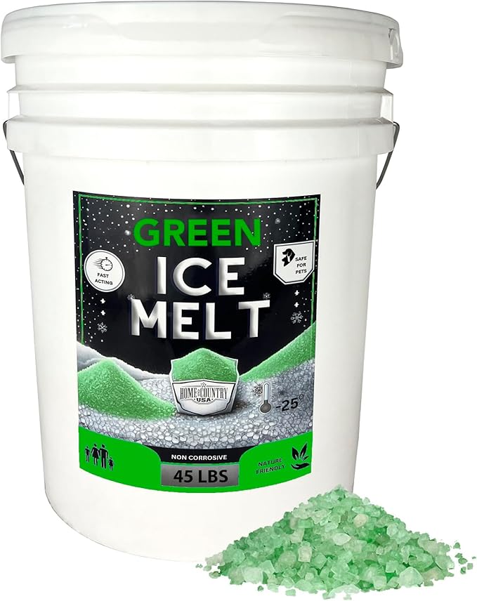 Peach Country Green Ice Melt -25°F Effective, Pet Safe Eco-Friendly De-Icer, Fast-Acting Granules for Driveways, Walkways & Entryways, 45 lb Pail