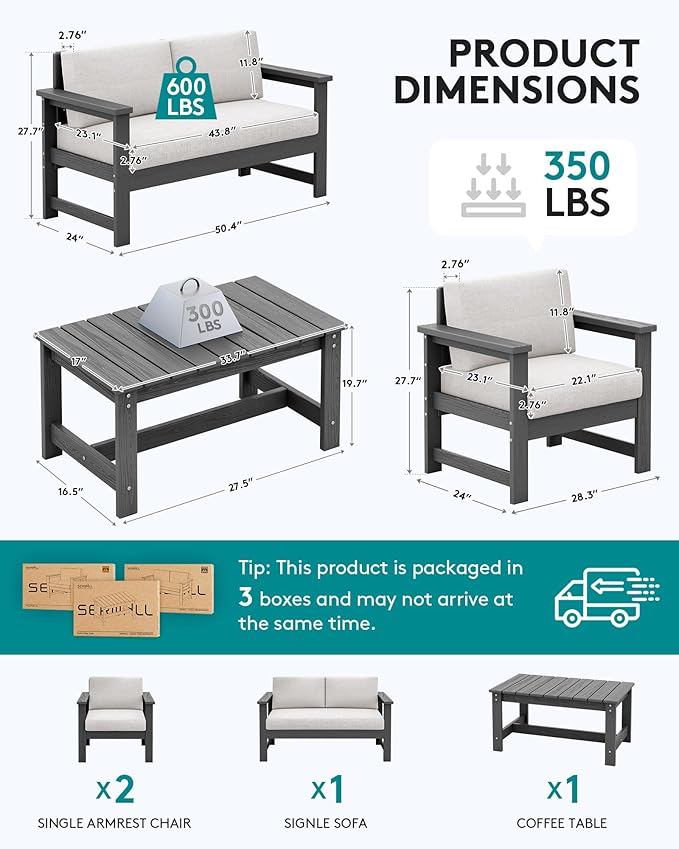 SERWALL 4 Pieces HDPE Outdoor Sofa Set with Cushions, All Weather Use Loveseat Furniture Sofa Set, Outdoor Conversation Couch with Coffee Table for Patio, Grey Frame with Khaki Cushions