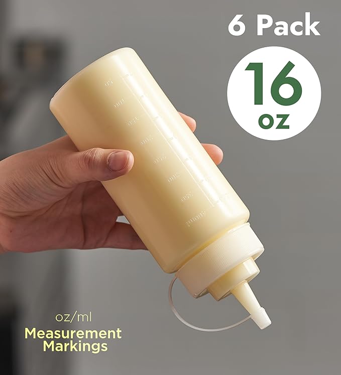 CURTA 6-Pack 16 oz Clear Squeeze Bottle with Cap, BPA-Free Easy-to-Squeeze Plastic Condiment Dispenser with oz & ml Markings for Sauce, Oil, Dressing, Dishwasher Safe, White