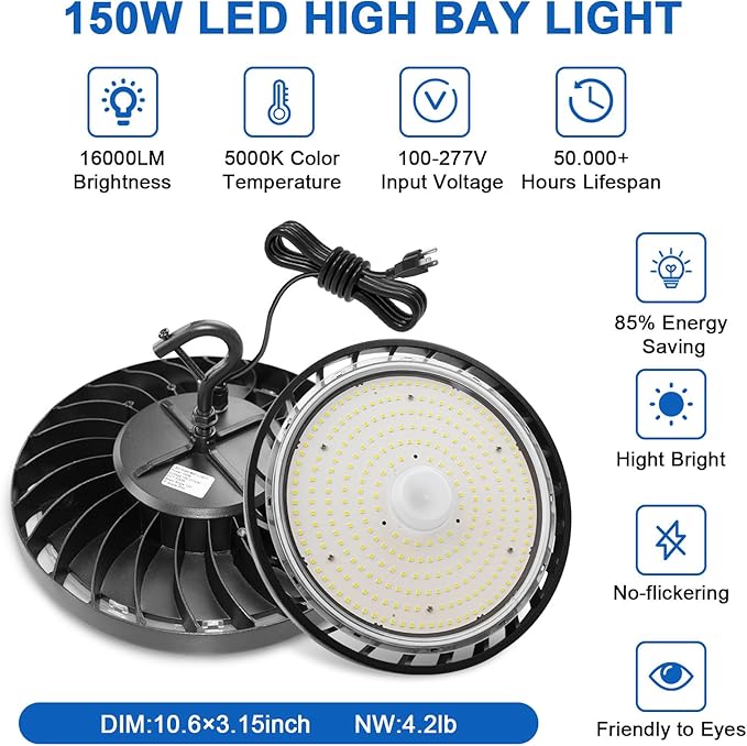 LED Shop Lights for Garage Super Bright High Bay Garage Light 150W 24000LM 5000K with 110-277V 5' Cable Plug in&US Hook,UFO High Bay Shop Light for Workshop Warehouse
