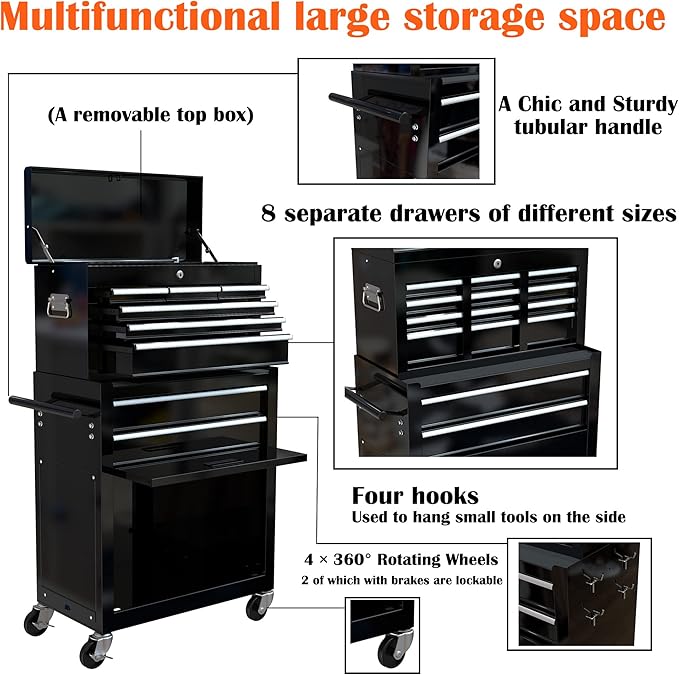 8 Drawers Rolling Tool Box Organizer,High Capacity Tool Chest with Wheels,Lockable Rolling Tool Chest with Bottom Cabinet, Tool Box Rolling Workshop Storage Cabinet (8 Drawers(Black))