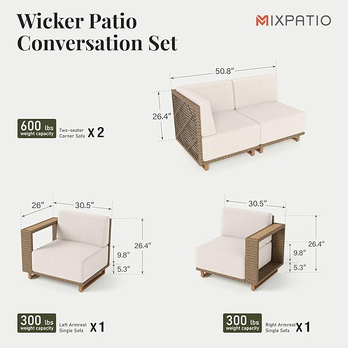 Outdoor Patio Furniture Set, 6 Piece Patio Couch Rattan Wicker Sofa, Sectional Modular Outdoor Conversation Set with 10" Extra Thick Cushions for Deck Backyard Lawn