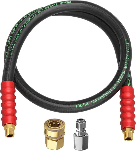POHIR Pressure Washer Whip Hose 5FT, Reel Connector 248°F Hot/Cold Water Jumper Hose 3/8" with Quick Connect Adapter, Industry Grade Steel Wire Braided & Synthetic Rubber Jacket 4800 PSI