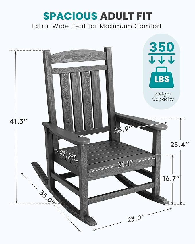 SERWALL Outdoor Rocking Chair Set of 2, HDPE Patio Rocking Chair, All-Weather Porch Rocker for Balcony, Yard, Gray