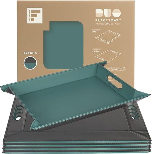 PLACEsMAT 2-in-1 Faux Leather Placemat & Serving Tray | Reversible Design, Lays Flat & Easy to Clean | Ottoman Food Tray, Housewarming Gift, 18” x 14” (Teal & Anthracite Grey, Set of 4)