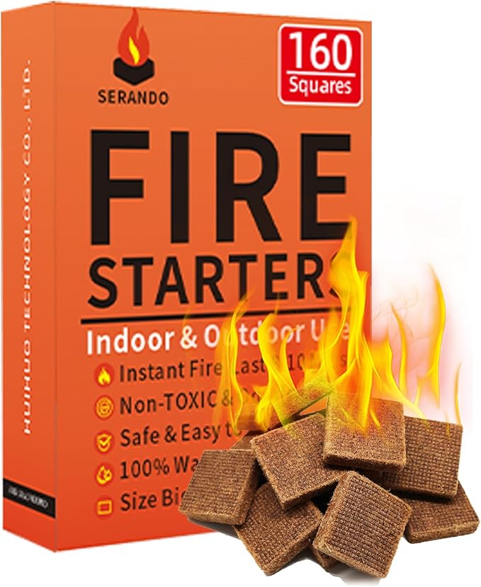 Fire Starters 160 Squares for Fileplace: Weather-Resistant Firestarter for Stove Camping Grill Campfires BBQ