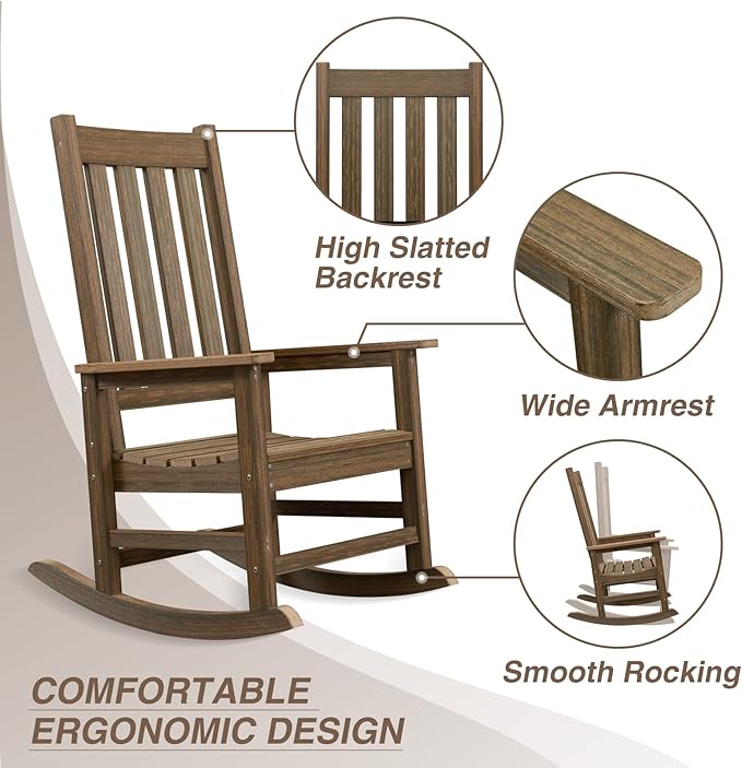 Rocking Chair Outdoor, HDPE Oversized Patio Rocking Chairs, Weather Resistant, 350lbs Heavy Duty Porch Rocker with High Back for Backyard, Fire Pit, Garden and Indoor (Light Brown)