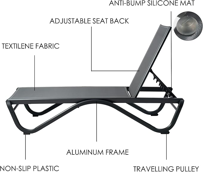 Kozyard Chaise Lounge Outdoor Set Full Flat Alumium Reclining Adjustable Chair Flat Patio Chaise Lounge Chair for Sunbathing, Patio, Poolside(2Gray Textilence W/Table)