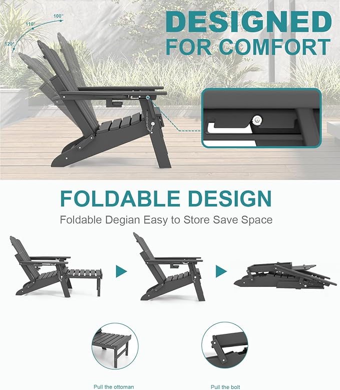 FOOWIN Adjustable Adirondack Chair with Retractable Ottoman Set of 8, Folding Adirondack Chair with Cup Holder, HDPE All-Weather Fire Pit Chair for Patio, Yard, Poolside, Grey
