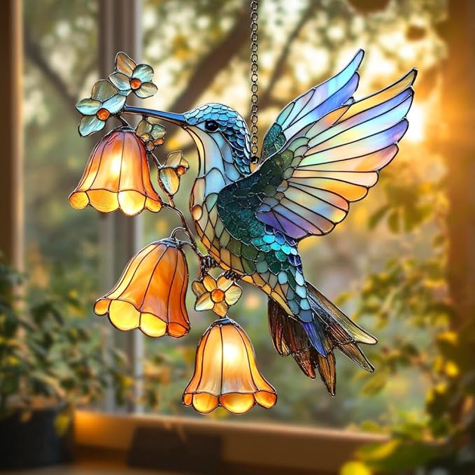 Hummingbird Christmas Ornament Bird Lover Suncatcher Window Hanging Acrylic Stained Glass Effect Art Garden Decor Unique Gift for Mom Bird Watcher Thanksgiving
