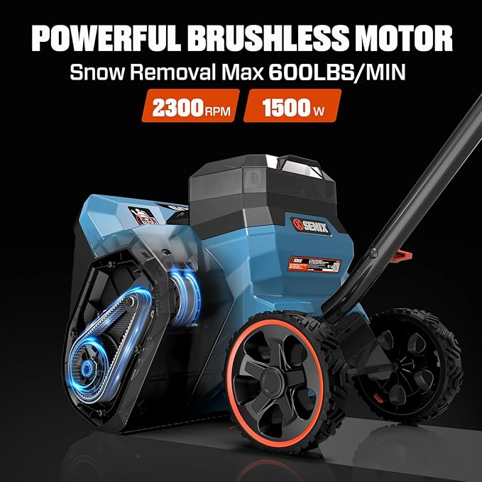 SENIX 60V 15" Cordless Snow Blower, Snow Shovel with Wheel for Decks, Steps, Driveways & Walkways | Steel Auger, 6000mAh Battery, 6" Depth, 33FT Throw, 600lbs/m, LED Lights, 2 Speed, 75° Direction