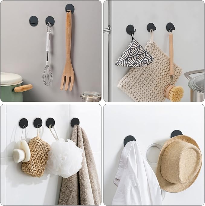 VIS'V Adhesive Hooks, Small Metal Shower Wall Stick on Hooks, Waterproof, 2 Extra Adhesive Strips, Round, Black, 4 Pcs
